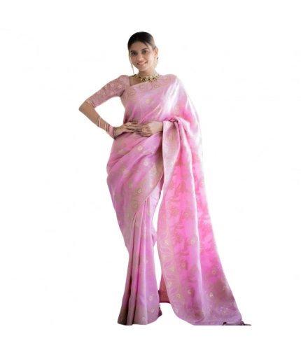 Women's Silk Printed Saree With Unstitched Blouse 5.5Mtr (Pink)