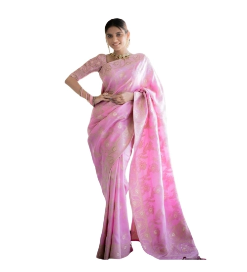 Women's Silk Printed Saree With Unstitched Blouse 5.5Mtr (Pink)