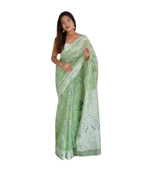 Women's Cotton  Printed Saree With Unstitched Blouse 5.5Mtr (Pista)