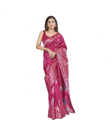 Women's Silk Printed Saree With Unstitched Blouse 5.5Mtr (Rani Pink)