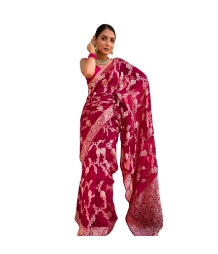 Women's Silk Printed Saree With Unstitched Blouse 5.5Mtr (Pink)