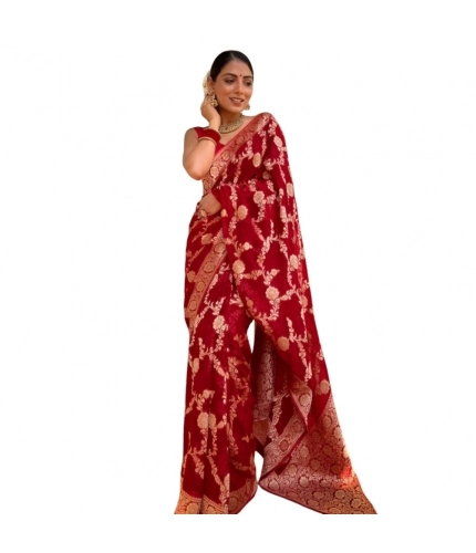 Women's Silk Printed Saree With Unstitched Blouse 5.5Mtr (Red)