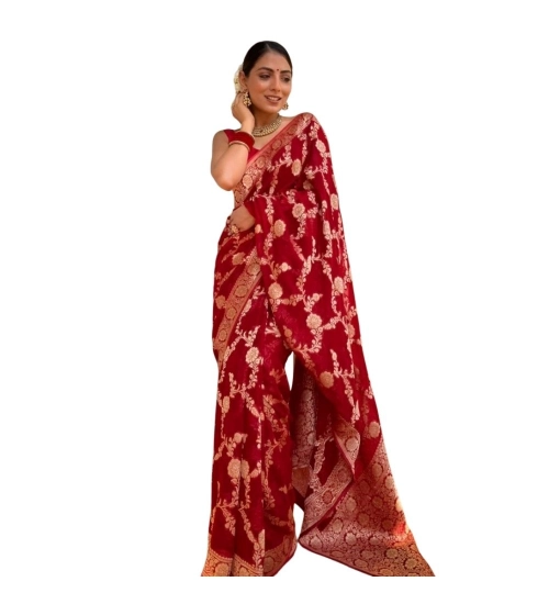 Women's Silk Printed Saree With Unstitched Blouse 5.5Mtr (Red)