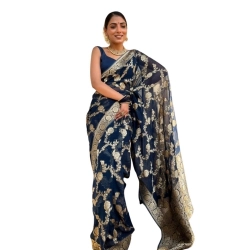 Women's Silk Printed Saree With Unstitched Blouse 5.5Mtr (Dark Blue)