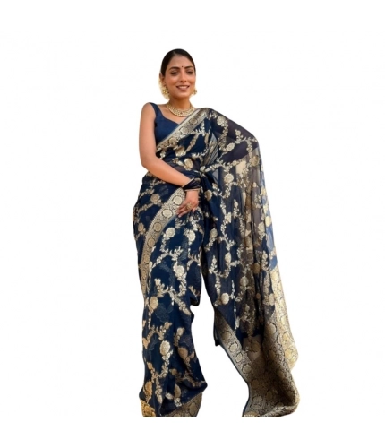 Women's Silk Printed Saree With Unstitched Blouse 5.5Mtr (Dark Blue)