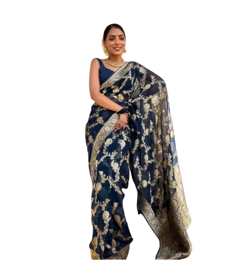 Women's Silk Printed Saree With Unstitched Blouse 5.5Mtr (Dark Blue)