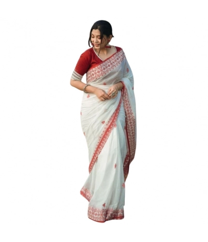Women's Cotton  Printed Saree With Unstitched Blouse 5.5Mtr (White-Red)