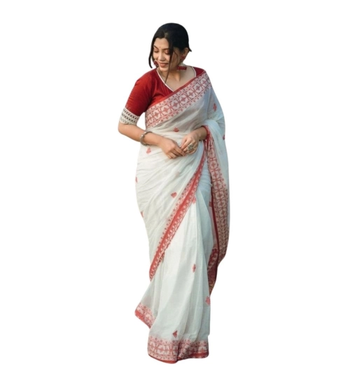 Women's Cotton  Printed Saree With Unstitched Blouse 5.5Mtr (White-Red)