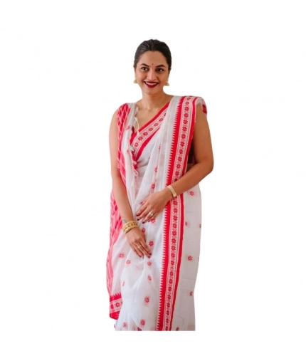 Women's Cotton  Printed Saree With Unstitched Blouse 5.5Mtr (White-Pink)