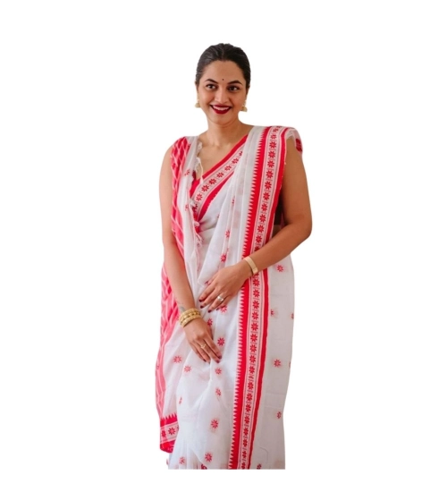Women's Cotton  Printed Saree With Unstitched Blouse 5.5Mtr (White-Pink)