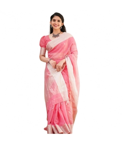 Women's Cotton  Printed Saree With Unstitched Blouse 5.5Mtr (Pink)