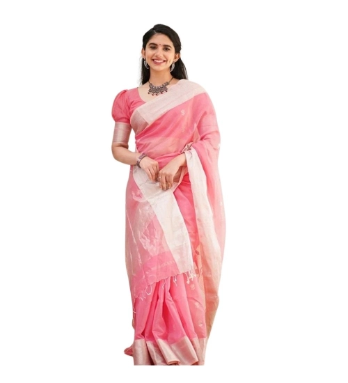 Women's Cotton  Printed Saree With Unstitched Blouse 5.5Mtr (Pink)