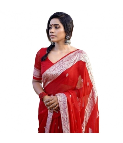 Women's Cotton  Printed Saree With Unstitched Blouse 5.5Mtr (Red)