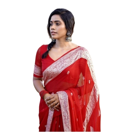 Women's Cotton  Printed Saree With Unstitched Blouse 5.5Mtr (Red)
