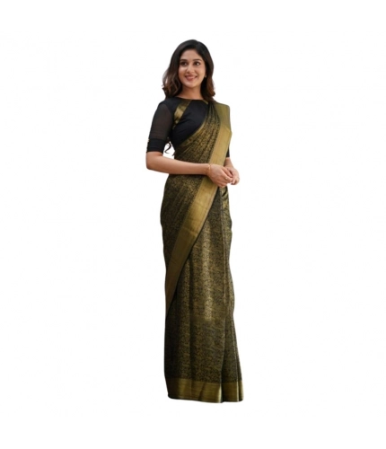 Women's Silk Printed Saree With Unstitched Blouse 5.5Mtr (Black)