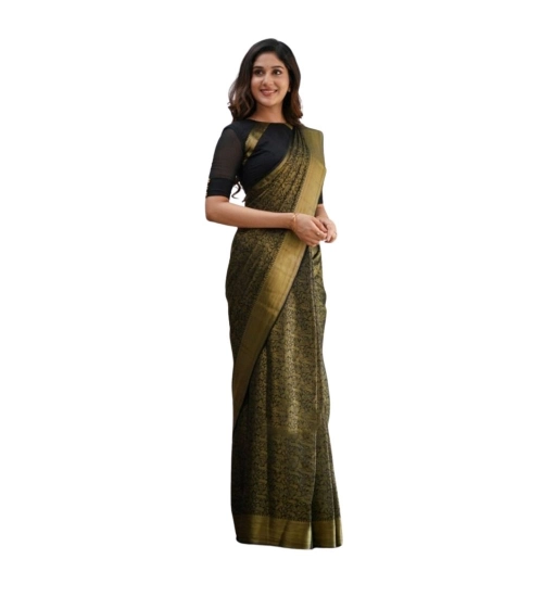 Women's Silk Printed Saree With Unstitched Blouse 5.5Mtr (Black)