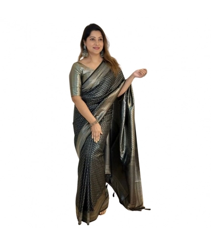 Women's Silk Printed Saree With Unstitched Blouse 5.5Mtr (Black)
