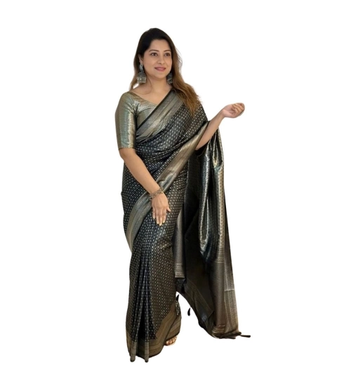 Women's Silk Printed Saree With Unstitched Blouse 5.5Mtr (Black)