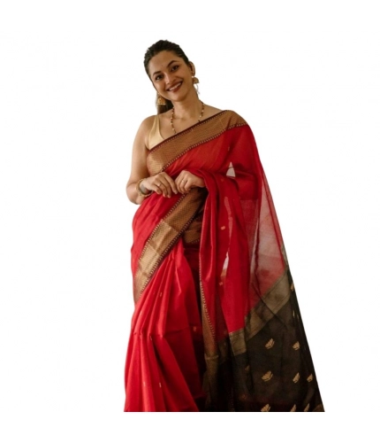 Women's Cotton  Printed Saree With Unstitched Blouse 5.5Mtr (Red)
