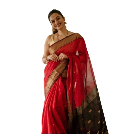 Women's Cotton  Printed Saree With Unstitched Blouse 5.5Mtr (Red)