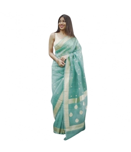 Women's Cotton  Printed Saree With Unstitched Blouse 5.5Mtr (Sky)