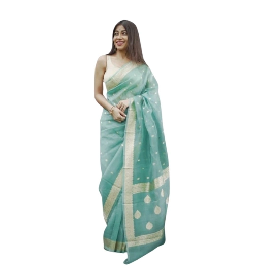 Women's Cotton  Printed Saree With Unstitched Blouse 5.5Mtr (Sky)