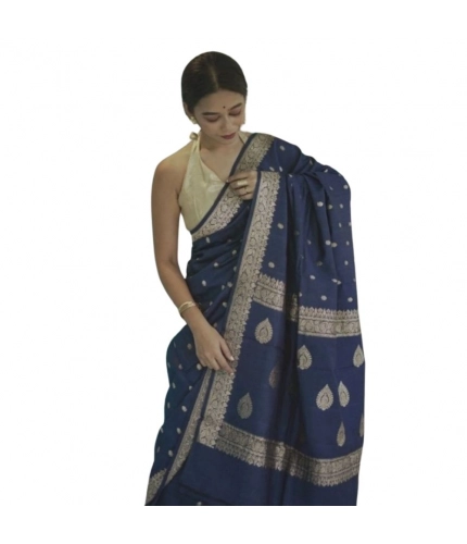 Women's Cotton  Printed Saree With Unstitched Blouse 5.5Mtr (Navy Blue)