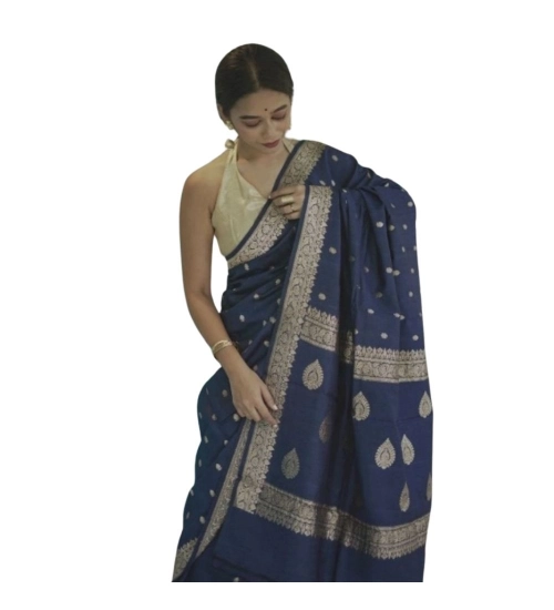Women's Cotton  Printed Saree With Unstitched Blouse 5.5Mtr (Navy Blue)