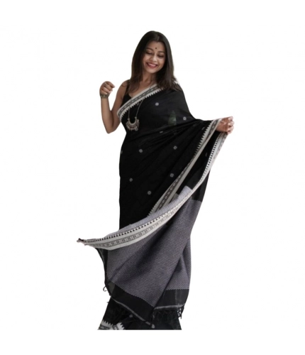 Women's Cotton  Printed Saree With Unstitched Blouse 5.5Mtr (Black)