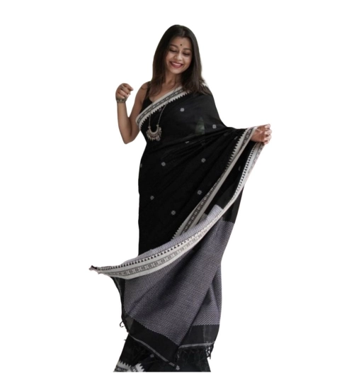 Women's Cotton  Printed Saree With Unstitched Blouse 5.5Mtr (Black)