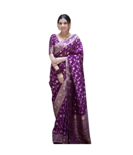 Women's Silk Printed Saree With Unstitched Blouse 5.5Mtr (Purple)