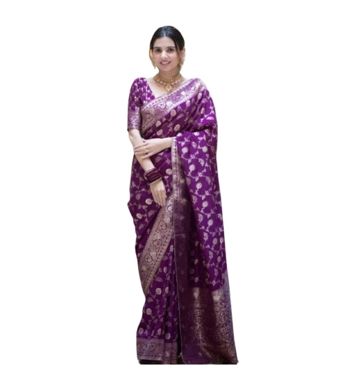 Women's Silk Printed Saree With Unstitched Blouse 5.5Mtr (Purple)