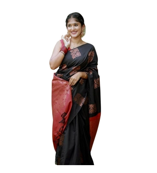 Women's Silk Printed Saree With Unstitched Blouse 5.5Mtr (Black-Red)