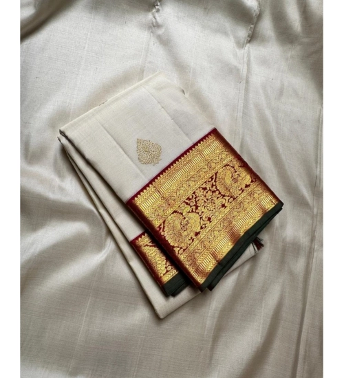 Women's Silk Printed Saree With Unstitched Blouse 5.5Mtr (Off White-Red)