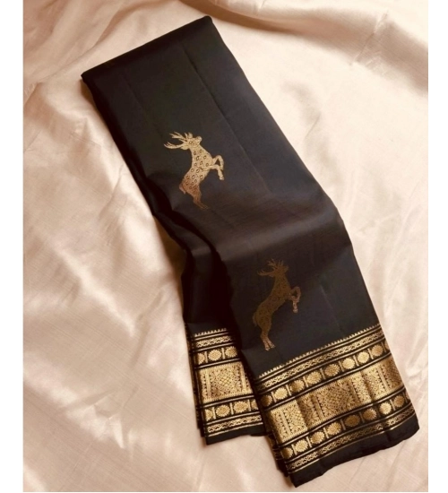 Women's Silk Printed Saree With Unstitched Blouse 5.5Mtr (Black)