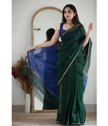 Women's Cotton  Printed Saree With Unstitched Blouse 5.5Mtr (Green)