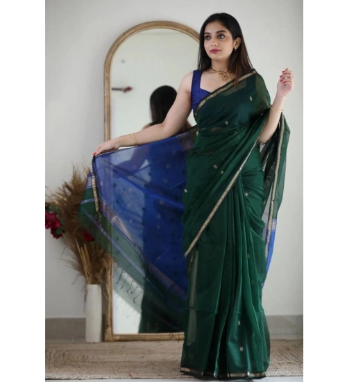 Women's Cotton  Printed Saree With Unstitched Blouse 5.5Mtr (Green)