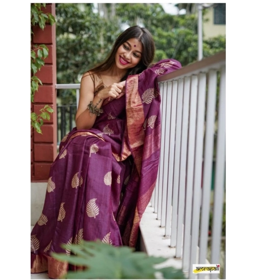 Women's Silk Printed Saree With Unstitched Blouse 5.5Mtr (Purple)