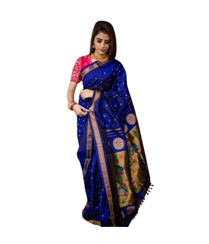 Women's Silk Printed Saree With Unstitched Blouse 5.5Mtr (Blue)