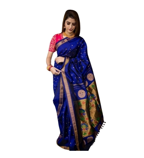 Women's Silk Printed Saree With Unstitched Blouse 5.5Mtr (Blue)