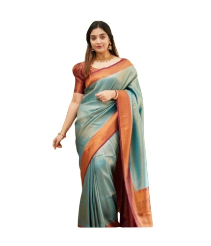 Women's Silk Printed Saree With Unstitched Blouse 5.5Mtr (Rama)