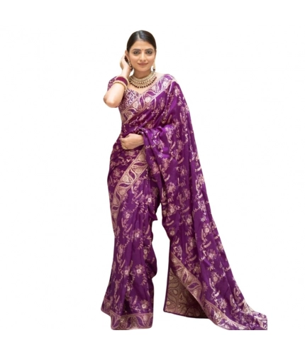 Women's Silk Printed Saree With Unstitched Blouse 5.5Mtr (Purple)