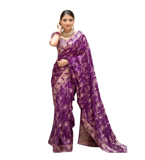 Women's Silk Printed Saree With Unstitched Blouse 5.5Mtr (Purple)