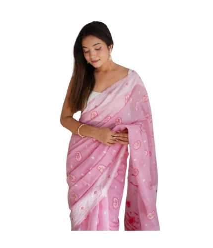 Women's Cotton  Printed Saree With Unstitched Blouse 5.5Mtr (Pink)
