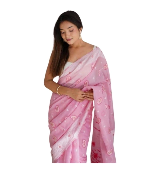 Women's Cotton  Printed Saree With Unstitched Blouse 5.5Mtr (Pink)