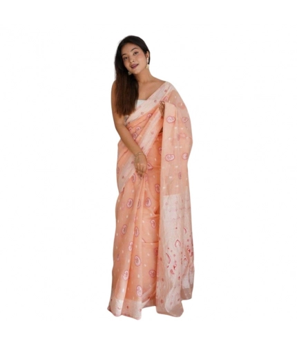 Women's Cotton  Printed Saree With Unstitched Blouse 5.5Mtr (Peach)