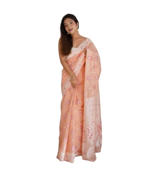 Women's Cotton  Printed Saree With Unstitched Blouse 5.5Mtr (Peach)