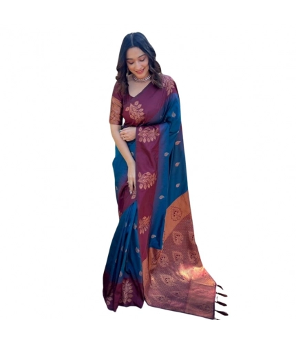 Women's Silk Printed Saree With Unstitched Blouse 5.5Mtr (Blue)
