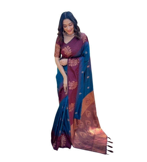 Women's Silk Printed Saree With Unstitched Blouse 5.5Mtr (Blue)