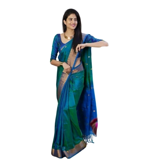 Women's Silk Printed Saree With Unstitched Blouse 5.5Mtr (Blue)